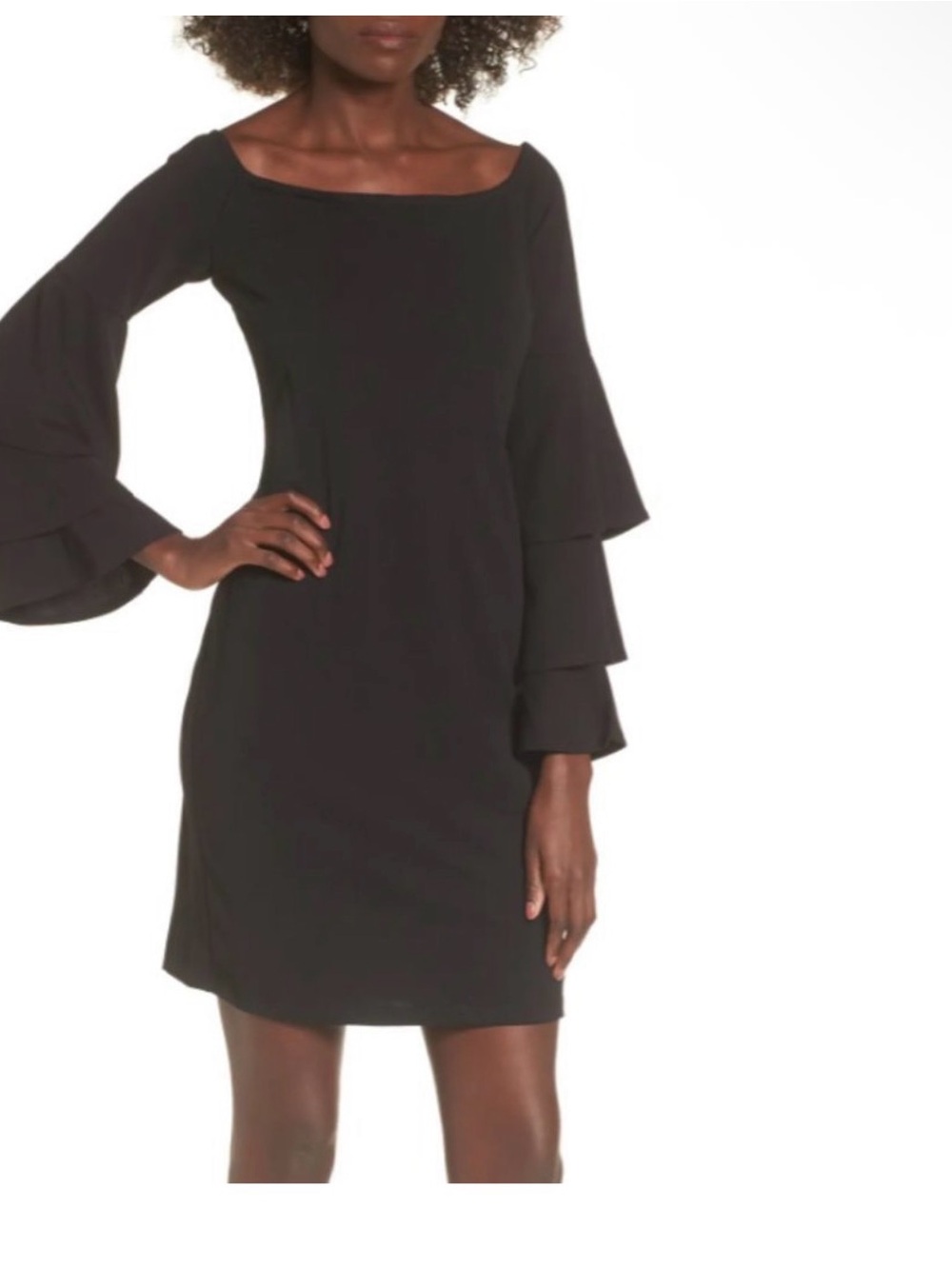 bp Black Boatneck Mini Dress with Tiered Bell Sleeves